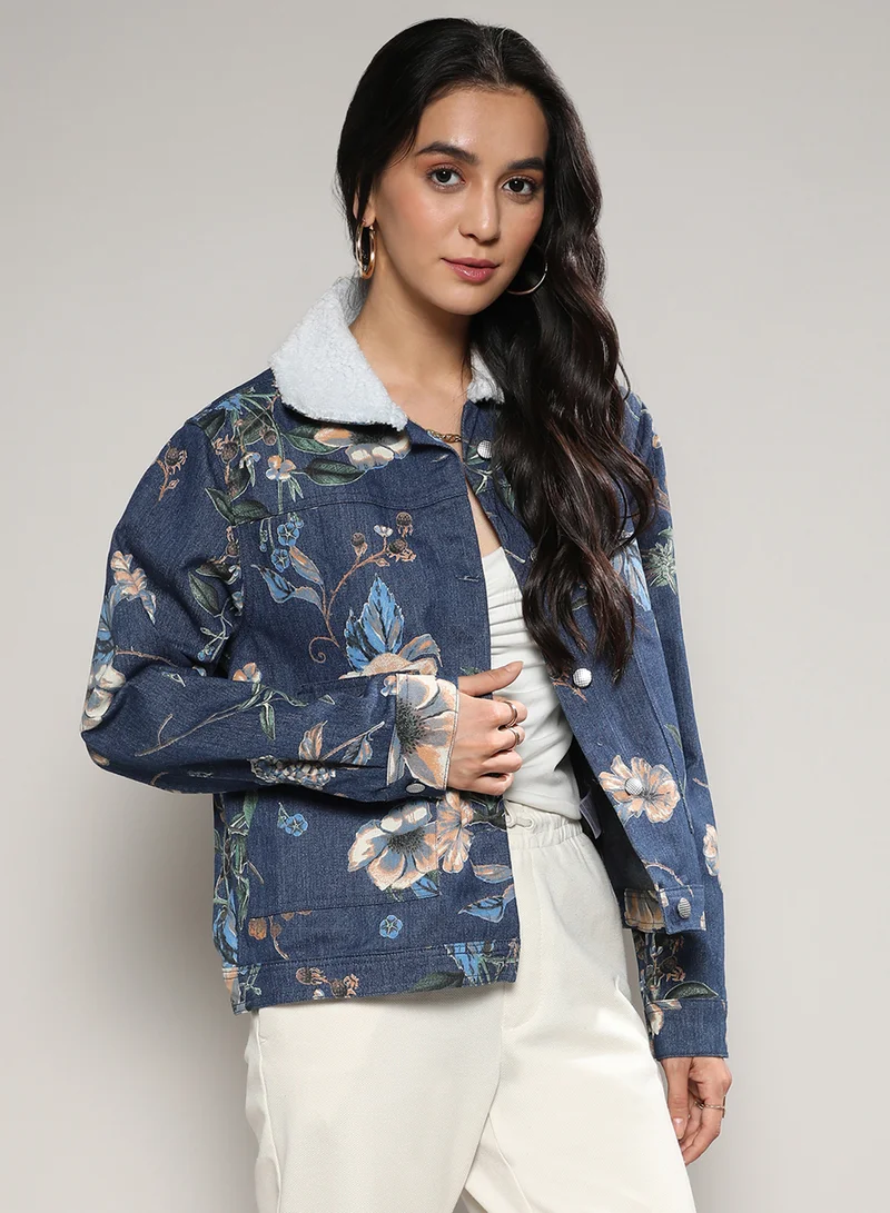 Campus Sutra Women's Blue Botanical Denim Jacket For Casual Wear | Spread Collar | Long Sleeve | Button Closure | Jacket Crafted With Comfort Fit For Everyday Wear